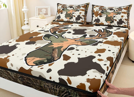 Erosebridal Deer Cow Print Bed Sheets Rustic Trees Branches Leaves Camo Bed Sheet Set Twin Camouflage Hunting Theme Fitted Sheet Rustic Farmhouse Flat Sheet Soft Breathable 1 Pillow Case