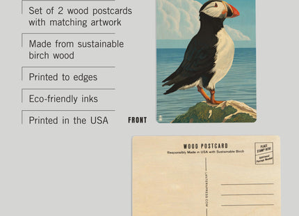 Maine, Puffin on Rock Scene (4x6 Birch Wood Postcards, 2-Pack Stationary, Rustic Home Wall Decor)