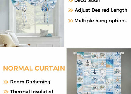 Blue Coastal Tie Up Curtains for Small Windows,Adjustable Rod Pocket Ocean Turtle Starfish Coral Valance 45 Inch Short for Bathroom Kitchen,Nautical Anchor Octopus Balloon Roman Blind Shade,34" x 45"
