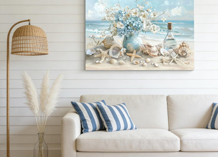 Blue Ocean Beach Bathroom Canvas Wall Art Seaside Seashell Painting Picture Wall Decor Starfish with White Flower Coastal Poster Print Artwork for Living Room Bedroom Bathroom Decor 12x16 in Canvas