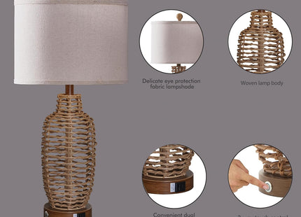 YIMNOVP Rattan Table Lamps Set of 2 Wicker Lamps 3 Way Dimmable Touch Control Farmhouse Rustic Coastal Lamps with USB Port for Bedroom Living Room Office (LED Bulbs Included)