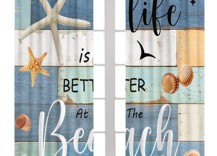 Summer Beach Curtains, Rustic Farmhouse Vintage Blue Wooden Nautical Coastal Starfish Shells Ocean Theme Window Curtains for Kitchen Bathroom Living Room 42" W X 45" L