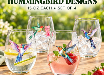 Hummingbird Stemless Wine Glasses Set of 4, Hummingbird Lovers Gifts for Women, Bird and Outdoor Lovers, 15oz Wine Glasses Gifts for Women, Floral Garden Lovers, Forest Birds Hummingbird Decor