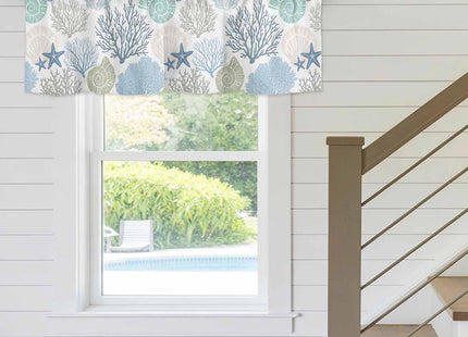 Ocean Theme Coral Shell Starfish Window Valance for Kitchen,Teal Blue Marine Sealife Rod Pocket Curtain Valances Short Curtains Drapes Panel,Coastal Window Treatment Topper for Living Room 42x12in