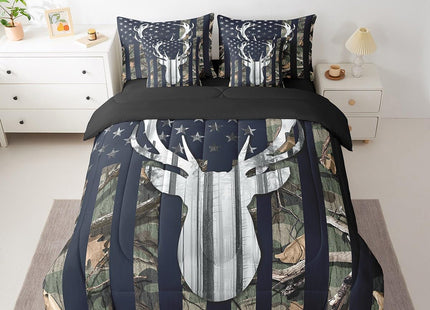 Camo American Flag Reversible Comforter Set 7 Piece Full Size,Deer Antlers Army Green Camouflage Bed Sheet Set Western Farmhouse Animal Hunting Bedding Set with Comforter,Fitted & Flat Sheet