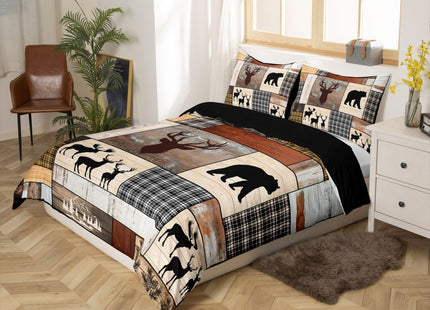 Erosebridal Retro Rustic Cabin Duvet Cover, Bear Deer Elk Moose Bedding Set Twin Size, Rustic Farmhouse Lodge Hunting Wildlife Comforter Cover Mountain Pine Tree Buffalo Bed Set for Kids Teens Adult