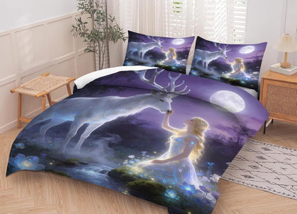 kxry Soft Easy Care Microfiber Bedding Sets Angel Girl and White Deer Forest Flower Comforter Set 2 Pieces of Moon Lightweight Quilt for Kids Teen Girls Twin Size