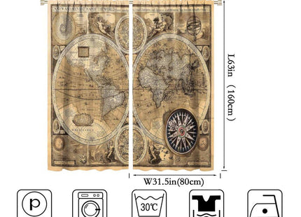 SHElifestyle Vintage World Map Curtains, Rustic Nautical Window Treatments Retro Farmhouse Medieval Compass Window Drapes for Bedroom Living Room Kitchen 63x63in
