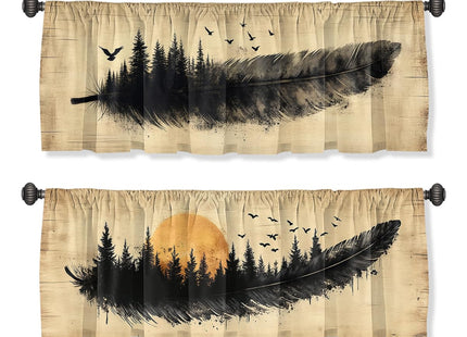 Wssklovj Feather Valance Curtain for Windows 2 Pack Forest Bird Ink Drawing Tree Forest Rod Pocket Window Treatments Short Curtains for Kitchen Windows Bathroom Bedroom 54x18 Inch