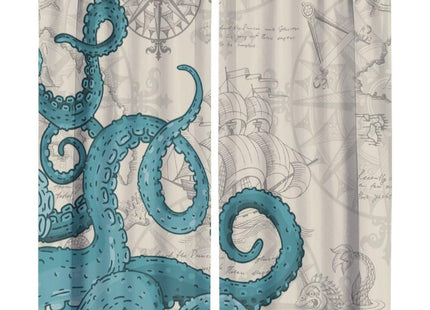 SHElifestyle Blue Nautical Octopus Curtains, Ocean Kraken Anchor Beach Window Treatments Vintage Coastal Map Pirate Ship Window Drapes for Bedroom Living Room Kitchen 63x72in