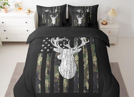 Erosebridal 7 Piece Deer Camo Queen Comforter Set with Sheets Hunting Camouflage American Flag Bed in A Bag | for Kids Boys Men Rustic Farmhouse Cabin Bedding Sets Army Green Black Western Bed Set