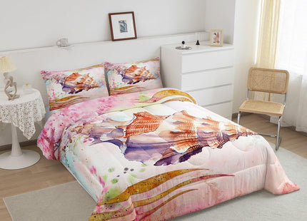 Coastal Beach Bedding Set - King Size, Girls Cherry Blossoms Floral Comforter, Kids 3D Seashell Ocean Theme Bedding, Marine Life Room Decor, Japanese Style Quilted Set, Pink