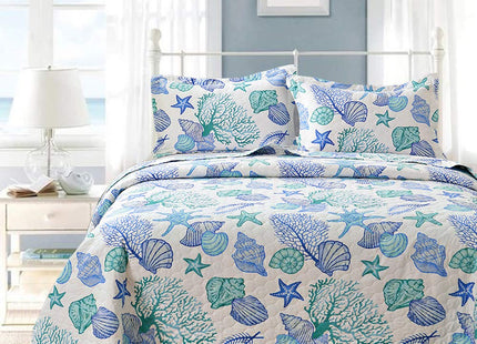 Ycosy 3 Piece Coastal Beach Quilt Set Twin Size Ocean Theme Bedding Set Blue Green Lightweight Bedspread Coverlet Shell Coral Conch Starfish Bed Covers Bedroom Decor with 2 Pillow Shams