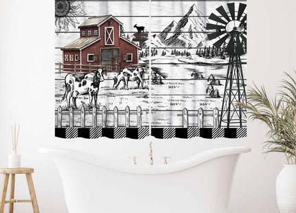 Lnepty Rustic Farmhouse Kitchen Curtains,Retro Animal Farm Cow Wood Wooden Country Cabin Black White Western Window Treatment Drapes for Bedroom Living Room 2 Panels,55X39 Inch
