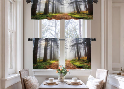 BaoNews Brown Nature Forest Blackout Kitchen Curtain, Green Fog Window Treatment Rod Pocket Light Filtering Bathroom Short Valance 2 Pack 52X18 Inches
