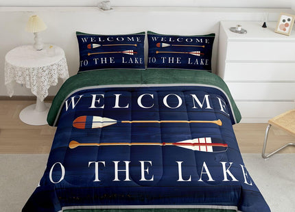Kids Lake House Comforter Set Twin, Retro Paddle Wooden Bedding Sets For Kids Boys Teens Adult,Rustic Farmhouse Duvet Sets Old Barn Lake Paddle Decor Bedding Comforters Gift For Lake Lover,Dark Blue