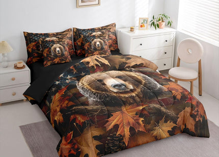 Feelyou Hunting Camo Bear Comforter Set Queen Size 7 Pieces Realistic Tree American Flag Bear Bedding Set Kids Adult Rustic Farmhouse Bed in a Bag with Comforter, Sheets, Pillowcases, Cushion Covers