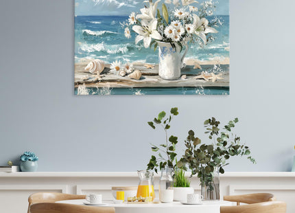 Blue Ocean Beach Bathroom Decor Wall Art, Starfish with White Flower Picture Canvas Prints Modern Coastal Seascape Painting Framed Seaside Seashell Floral Artwork for Beachy Home Decoration 12x18inch