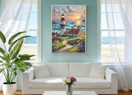 5D Ocean View Lighthouse Diamond Painting Kits For Adults Beginner,DIY Sunset,Housing,Flowers Diamond Art Kits For Adults,Round Full Drill Diamond Dots With Gem Art kits,Home Wall Decor 12X16inch