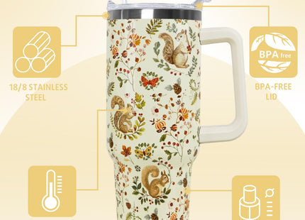 Nqhsionv Fall Squirrel Tumbler with Handle and Straw 40 oz Squirrel Cup Coffee Travel Mug Stainless Steel Insulated Water Bottle Cute Squirrel Stuff Decor Gifts for Squirrel Lovers Women Grils