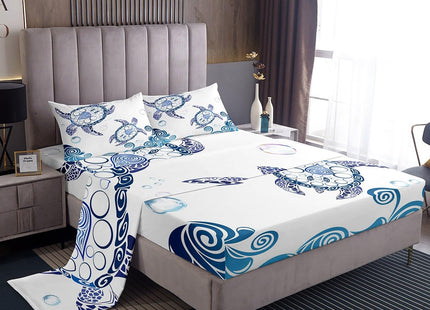 Turtle Bed Sheet Set,Ocean Animals Illustration Monochrome Sea Turtle Ocean Elements Sheets Set, Soft Decorative Fabric 3-Piece Bedding Set (Flat Sheet + Fitted Sheet + Pillow Sham) White Blue,Twin