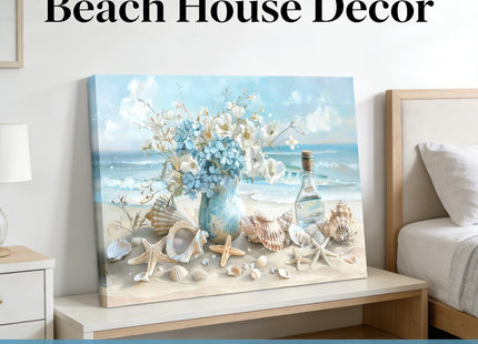 Blue Ocean Beach Bathroom Canvas Wall Art Seaside Seashell Painting Picture Wall Decor Starfish with White Flower Coastal Poster Print Artwork for Living Room Bedroom Bathroom Decor 12x16 in Canvas