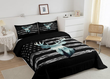 Feelyou Camo Hunting Bedding Set - Twin Size, Forest Smoky Deer Comforter, American Flag Duvet Set with 1 Pillow Case