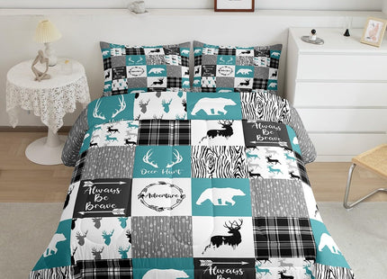 Bear Comforter Set Full Farmhouse Decor,Deer Moose Jungle Wild Animal Western Bedding Set for Girls Boys,Teal Grid Buffalo Checkered Plaid Down Comforter,Tribal Hunting Arrow Cabin Barn Door Quilt
