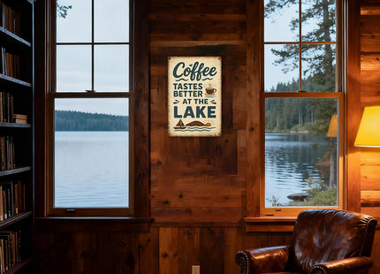 Coffee Tastes Better At The Lake Metal Sign - Lake House Decor for The Home Coffee Decorations Lake Life Gifts Lakehouse Wall Art Cabin Decor Signs 8×12 Inch