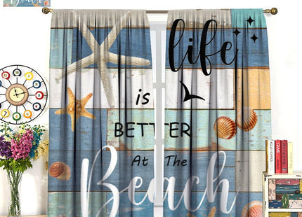 Summer Beach Curtains, Rustic Farmhouse Vintage Blue Wooden Nautical Coastal Starfish Shells Ocean Theme Window Curtains for Kitchen Bathroom Living Room 42" W X 45" L