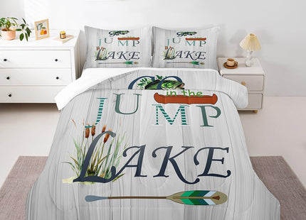 Castle Fairy Lake Paddle Comforter Set Twin Size,Rustic Lakeside Cabin Decor Bedding Set for Kids Boys Men,Fish Country Farm Wooden Board Quilted Duvet Set with 1 Pillowcase