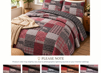 Rugs 4 Less Rustic Log Cabin Lodge Quilted Grey Charcoal Deep Red Reversible Plaid Bear Patchwork Bedspread Coverlet Bedding Set - Plaid Bear (King/Cal-King)