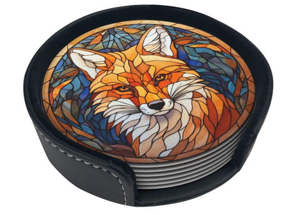 Fox Drink Coaster Set, Leather Coasters with Holder, 6 Pack for Table Protection (Fox)