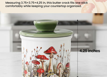 Fungi Fun Mushroom Butter Crock - Airtight Ceramic Butter Container , Red