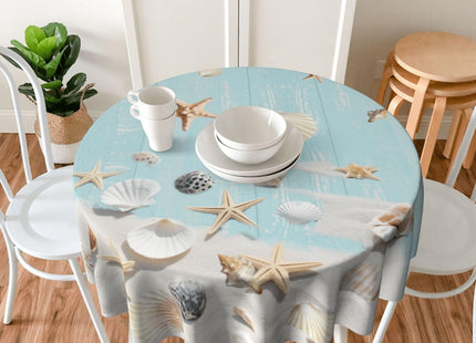 mutakin Starfish on Blue Wooden Board Tablecloth Summer Sea Round Table Cover Washable Table Cloth for Home Kitchen Party Picnic 60 Inch