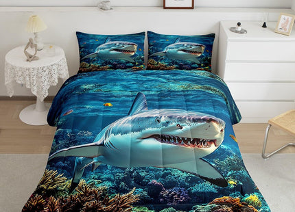 jejeloiu Ocean Sea Animal Duvet Quilt Queen Size Shark Comforter for Kids Boys Girls Decor Marine Theme Bedding Set Breathable Soft Lightweight Microfiber Bedroom Decor Quilt Set