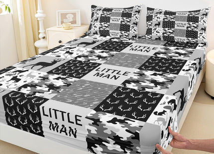 Camo Deer Kids Rustic Farmhouse Sheet Twin Size,Wolf Bear Animals Paw Bedding,Boys Girls Adults Xmas Decor,Geometric Plaids Arrows Boho Black Gray Bed Sheet Set 3pcs(Fitted + Flat + 1 Pillowcase)