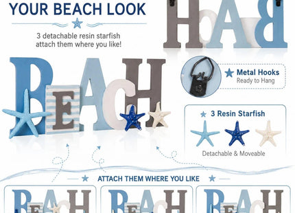 caiydramy Beach Sign with 3 Pcs Starfish Decor, Desk Wall Table Home Decor