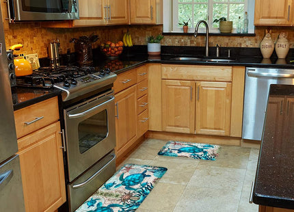 Sea Turtle Kitchen Rug Sets of 2,Anti Fatigue Cushioned Kitchen Rugs and Mats Coastal Bathroom Runner Rug Blue Turtles Beach Ocean Teal Marine Animal Nautical Floor Mat Non-Slip Washable Chef Sink Mat