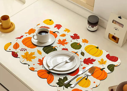 CQKEDMA Scalloped Dish Drying Mats for Kitchen Counter, Fall Pumpkins Maple Leaf, Cute Coffee Bar Mat for Countertop, Diatomite Absorbent, Kitchen Aesthetic Decor (16"x24", Fall Pumpkins Maple Leaf)