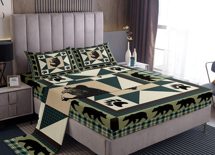 Erosebridal Black Bear Sheet Set Western Bed Sheets Queen Patchwork Geometric Triangle Lattice Fitted Sheet Woodland Wildlife Bear Paw Print Top Sheet,Green Checkered Buffalo Plaid Decor