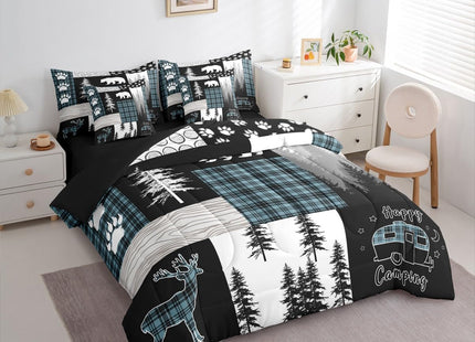 Erosebridal 7 Piece Rustic Cabin Bear Full Bedding Set, Deer Hunting Wildlife Woodland Comforter Set, Camping RV Camper Quilts Blue and Black Checkered Patchwork Bed in a Bag (Fitted + Flat Sheet)