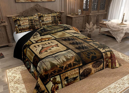 Feelyou Rustic Cabin Comforter Set Full Size, Wildlife Hunting Quilt Set Bear Deer Elk Fish Hunting Bedding Set for Kids Boys Teens Room Decor, Western Country Farmhouse Duvet Insert