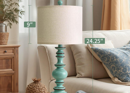 BOBOMOMO 24" Farmhouse Table Lamps Set of 2 – Distressed Teal Lamps with Linen Shades, Cottage Style Bedside Lamps for Bedroom, Living Room, or Entryway, Medium Height Lamps with Coastal Vintage Charm