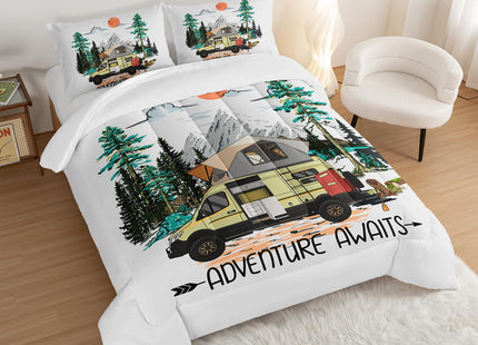HOSIMA Kids Camper Bedding Set Twin Size,Farmhouse Rustic Happy Camping Comforter for Girls Boys,Sunset Forest Takayama Aesthetic Bedding,Outdoor Camping Themed Comforter Set with 2 Pillowcases.