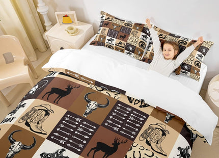 Western Cowboy Duvet Cover Queen Size,Deer Cow Arrow Comforter Cover with 2 Pillowcase for Teens,Kids Country Style Bedding Set,Brown Geometric Grid Breathable 3 Pcs Decorative Bed Cover(No Comforter)