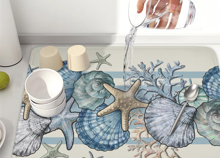 MiaoSi Nautical Coastal Dish Drying Mat for Kitchen Counter Summer Beach Seashell Starfish Microfiber Dish Drainer Mat Ocean Blue Pattern Absorbent Washable Drying Pad Extra Large 18"x24"