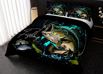 Nttopship Big Pike Fish Bedding ，Hunting and Fishing Brown Green Bedding Set Themed Comforter Set for Kids Boys Room Decor, Queen Bed in a Bag for Teens with 2 Pillowcases