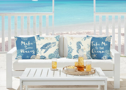Bonhause Ocean Coastal Throw Pillow Covers 18 x 18 Inch Nautical Beach Blue Turtle Seahorse Starfish Decorative Polyester Linen Cushion Cases for Summer Outdoor Sofa Couch Home Decor Set of 4
