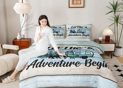 Erosebridal Camper Comforter Happy Camping Bedding Pine Tree Bear Silhouette Bedding Sets & Collections Hand Drawing Style Down Comforter Twin Size Retro Farmhouse Decor,Microfiber Lightweight Duvet